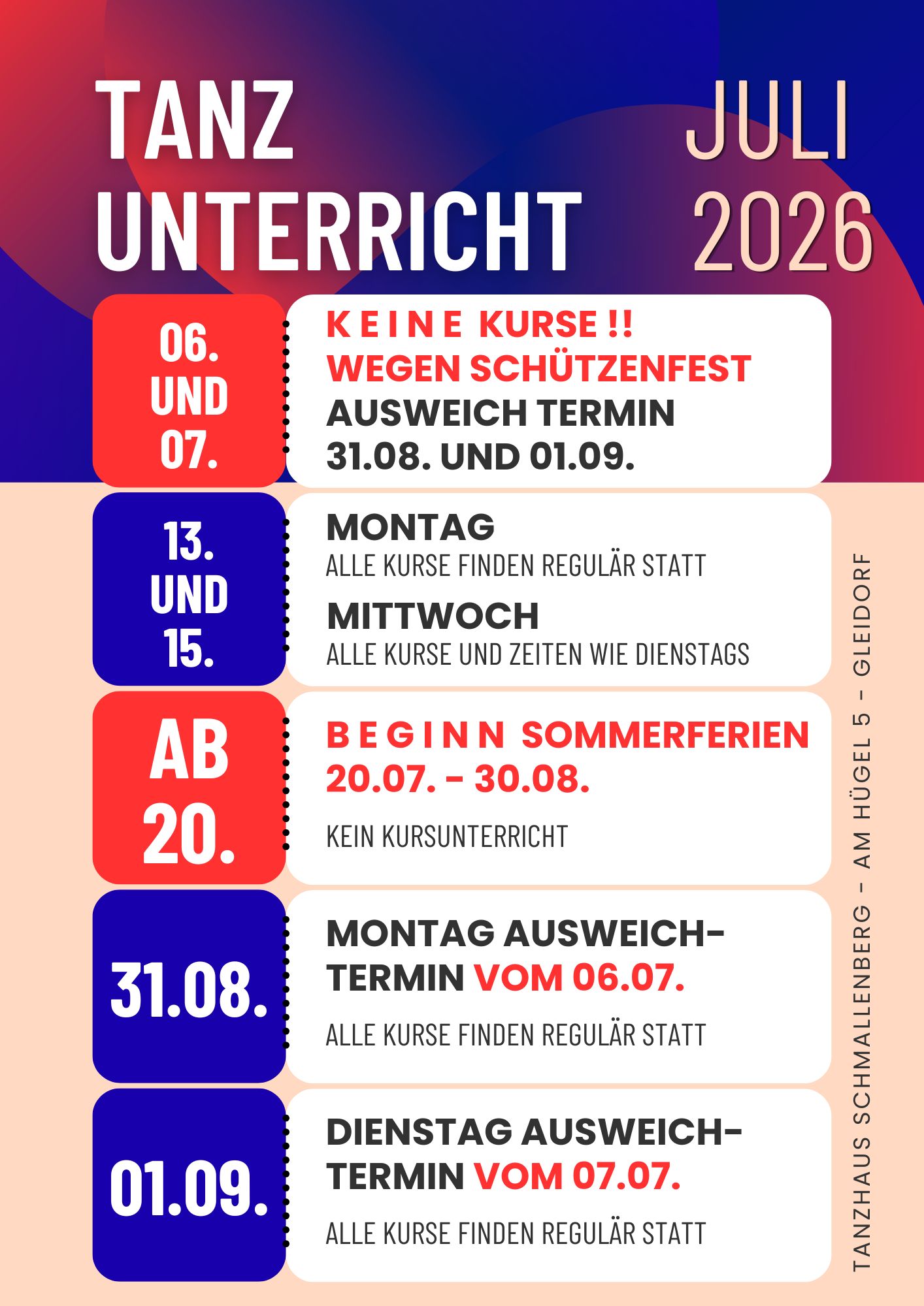 Tanzunterricht Monat Juli 2026